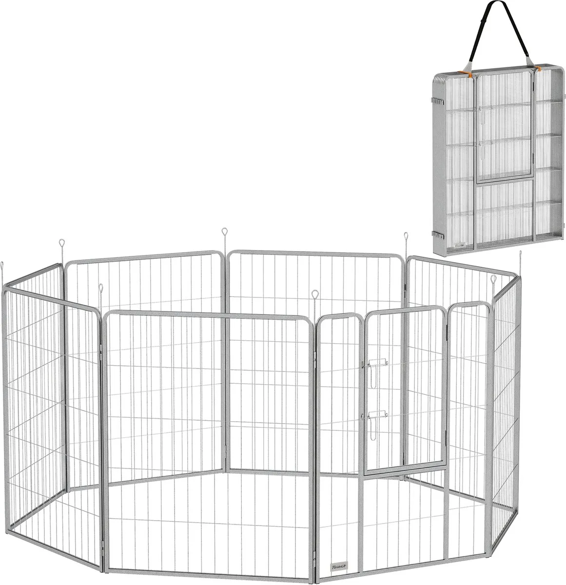 Dierenren 8-Delig 100 cm Hoog - Hondenhek, konijnenren met deur en draagriem - Staal - Zilver de PawHut en Argent – photo produit