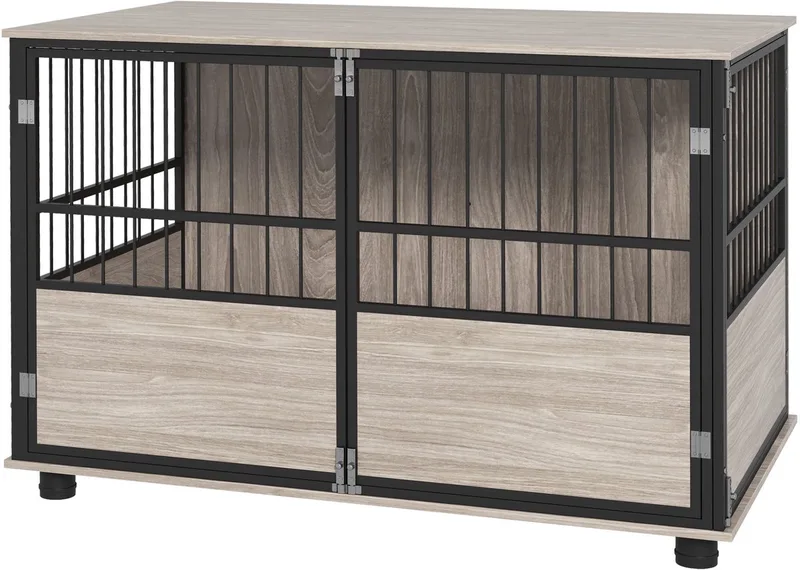Dog Crate Furniture-Spanplatte, Stahl-100L x 60B x 68H cm-Walnuss fra PawHut i Sort, Houtkleur – produktbillede