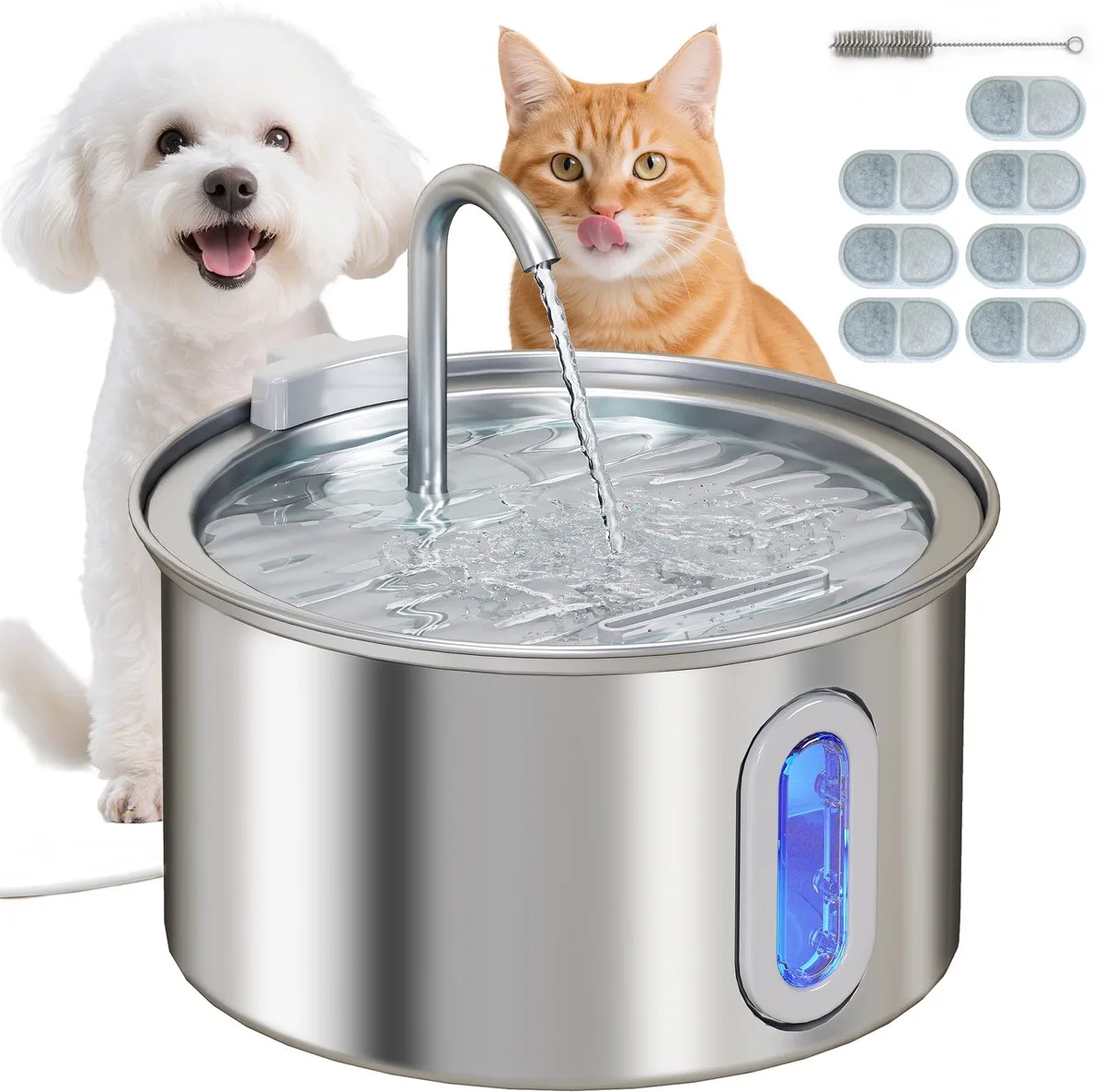 Drinkfontein 2,5 liter voor katten - Waterfontein - Kattenfontein - Drinkbak van PawHut in Zilver – productfoto