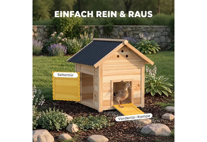 Entenstall aus Holz Entenhaus mit Kippdach Geflügelstall mit Doppeltür, Hühnerhaus mit herausnehmbarem Boden Gänsestall Hühnerstall fra PawHut i Naturholz – produktbillede 5 af 5