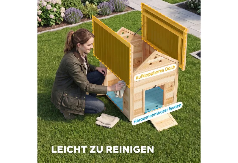 Entenstall aus Holz Entenhaus mit Kippdach Geflügelstall mit Doppeltür, Hühnerhaus mit herausnehmbarem Boden Gänsestall Hühnerstall fra PawHut i Naturholz – produktbillede 4 af 5