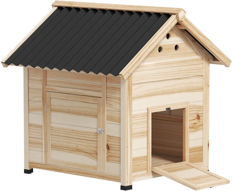 Entenstall aus Holz Entenhaus mit Kippdach Geflügelstall mit Doppeltür, Hühnerhaus mit herausnehmbarem Boden Gänsestall Hühnerstall fra PawHut i Naturholz – produktbillede 1 af 5