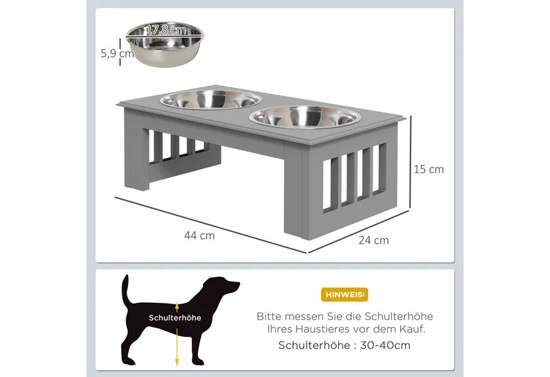 Erhöhter Hundenapf Futternapf mit 2 Näpfe Wassernapf 2 x 900ml Edelstahlnäpfen Fressnapf Futterstation Hundenäpfe für kleine Hunde Katzen de PawHut en Gris – photo produit 3 sur 5