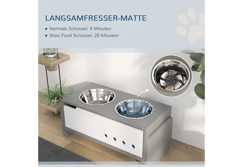 Erhöhter Hundenapf Höhenverstellbar Futternapf mit Stauraum Wassernapf 2 x 2000ml Edelstahlnäpfen Langsamfutternapf verstellbar Fressnapf Futterstation für Große Hunde Katzen by PawHut in Grey – product photo 5 of 5