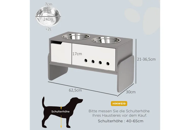 Erhöhter Hundenapf Höhenverstellbar Futternapf mit Stauraum Wassernapf 2 x 2000ml Edelstahlnäpfen Langsamfutternapf verstellbar Fressnapf Futterstation für Große Hunde Katzen by PawHut in Grey – product photo 3 of 5