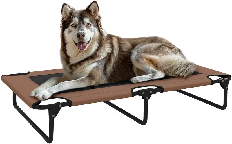 Erhöhtes Hundebett klappbar Haustierbett, Outdoor Hundeliege mit Netzdesign, Atmungsaktiv, für große Hunde Oxford 107 x 61 x 20 cm von PawHut in Braun – Produktfoto