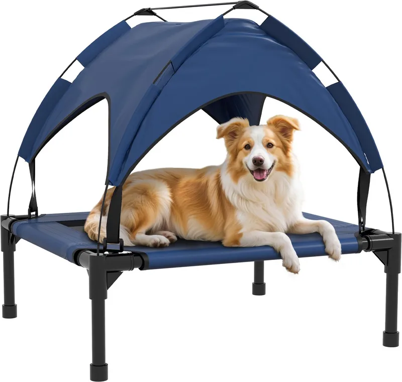 Erhöhtes Hundebett mit Baldachin, Haustierbett, Outdoor Hundeliege mit Dach, Atmungsaktiv, für kleine und mittelgroße Hunde Dunkelblau Oxford 76 x 61 x 69,5 cm by PawHut in Blue – product photo