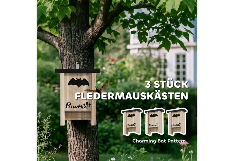 Fledermauskasten 3er-Set, Fledermaushaus, Nistkasten für Fledermäuse, Fledermausbox zum Aufhängen für Gärten, Obstplantagen, Bauernhöfe, Tannenholz, 18 x 6 x 22,5 cm, Natur by PawHut in Naturholz – product photo 4 of 5