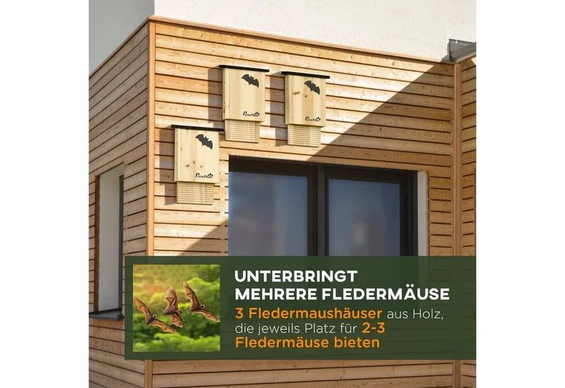 Fledermauskasten 3er-Set, Fledermaushaus, Nistkasten für Fledermäuse, Fledermausbox zum Aufhängen für Sommer, Winter, Tannenholz, 25 x 6 x 37,5 cm, Natur von PawHut in Naturholz – Produktfoto 4 von 5
