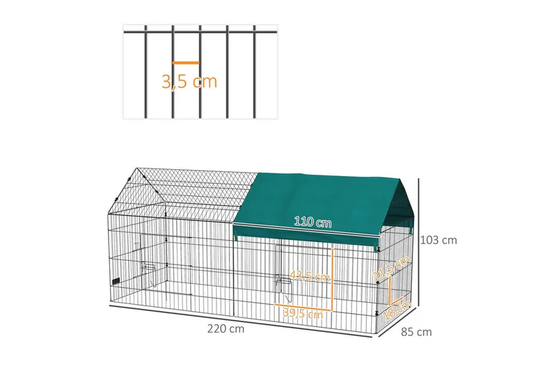 Freilaufgehege 220 x 85 x 103 cm Kleintiergehege mit Abdeckung, 4 Türen, Meerschweinchen Gehege für Kaninchen, Indoor, Outdoor, Stahl by PawHut in Green – product photo 3 of 5