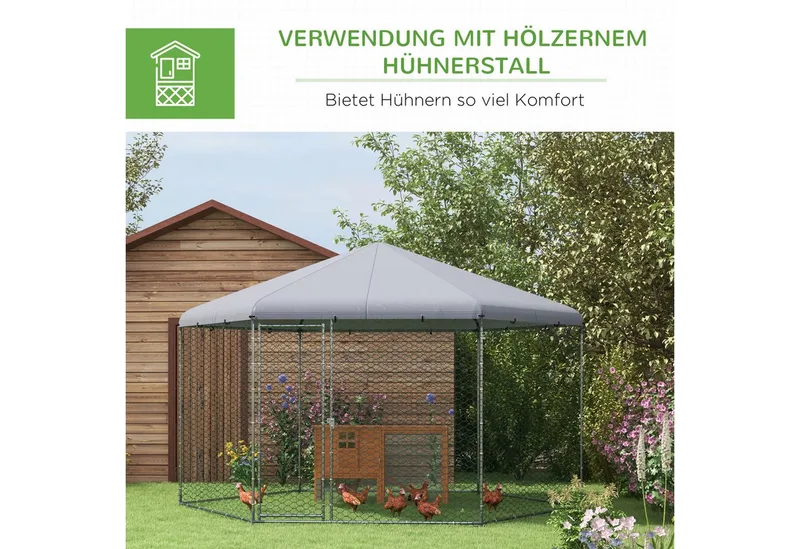 Freilaufgehege Hühnerstall 400 x 346 x 263 cm aus Stahl, Hühnerkäfig mit Abdeckung, Tür, Hühnergehege für 10-15 Hühner, Kleintiere & Pflanzen von PawHut in Silber – Produktfoto 5 von 5