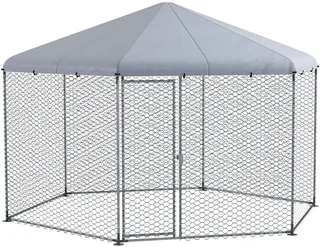 Freilaufgehege Hühnerstall 400 x 346 x 263 cm aus Stahl, Hühnerkäfig mit Abdeckung, Tür, Hühnergehege für 10-15 Hühner, Kleintiere & Pflanzen von PawHut in Silber – Produktfoto 1 von 5