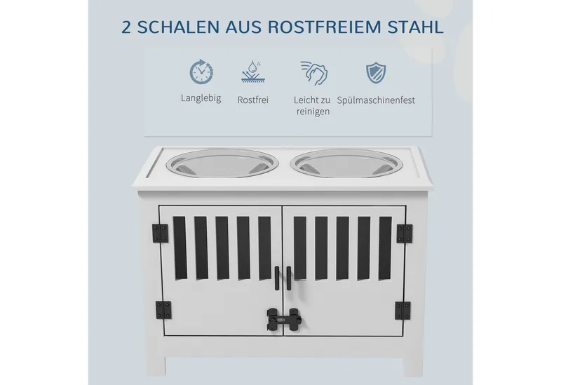 Futternapf, Erhöhtes Futterstation mit 2L Futterschale aus Edelstahl, Stauraum, Doppeltür mit Schloss, Hundebar für extra große Hunde by PawHut in White – product photo 4 of 5