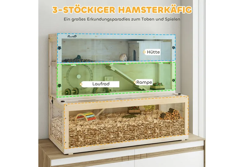 Hamster Cage-Dennenhout, Kunststof-100L x 50B x 84H cm-Natuurhout de PawHut en Naturel – photo produit 4 sur 5
