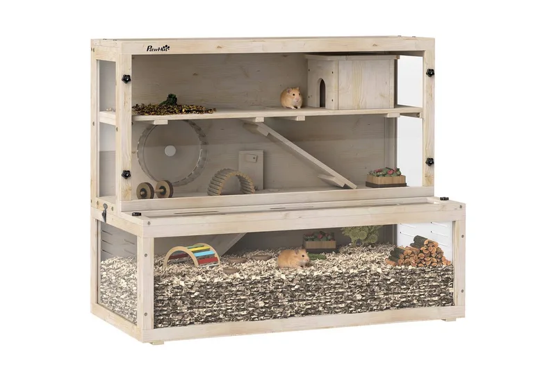 Hamster Cage-Dennenhout, Kunststof-100L x 50B x 84H cm-Natuurhout de PawHut en Naturel – photo produit 2 sur 5
