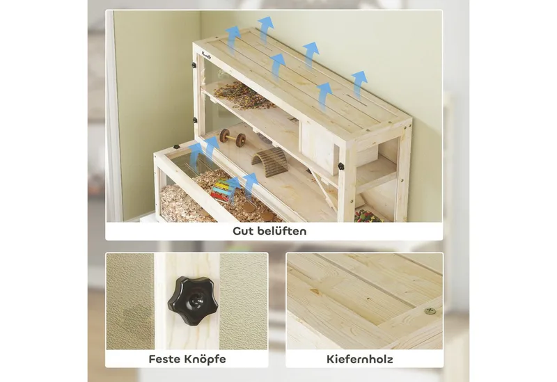 Hamster Cage-Dennenhout, Kunststof-100L x 50B x 84H cm-Natuurhout de PawHut en Naturel – photo produit 5 sur 5