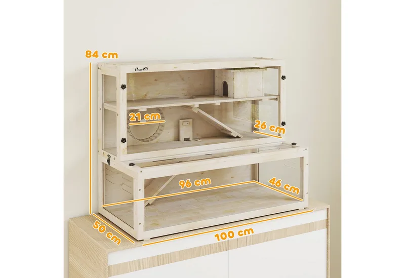 Hamster Cage-Dennenhout, Kunststof-100L x 50B x 84H cm-Natuurhout de PawHut en Naturel – photo produit 3 sur 5