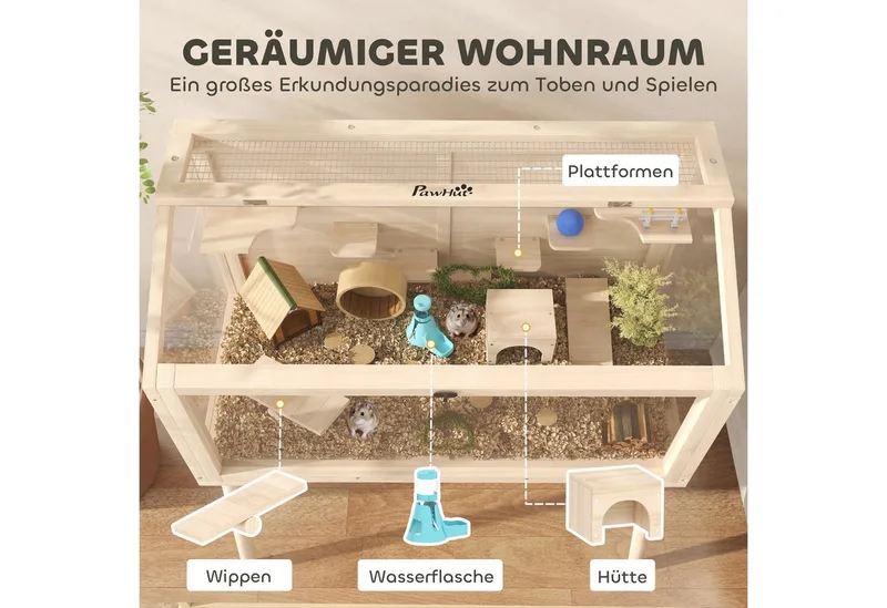 Hamster Cage-Dennenhout, Kunststof-110L x 52B x 101H cm-Natuurhout de PawHut en Natuurhout – photo produit 4 sur 5