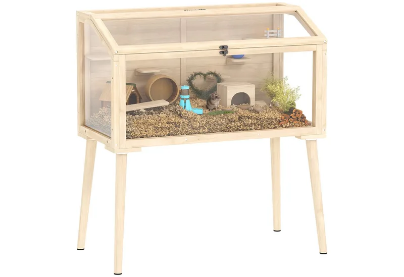 Hamster Cage-Dennenhout, Kunststof-110L x 52B x 101H cm-Natuurhout de PawHut en Natuurhout – photo produit 2 sur 5