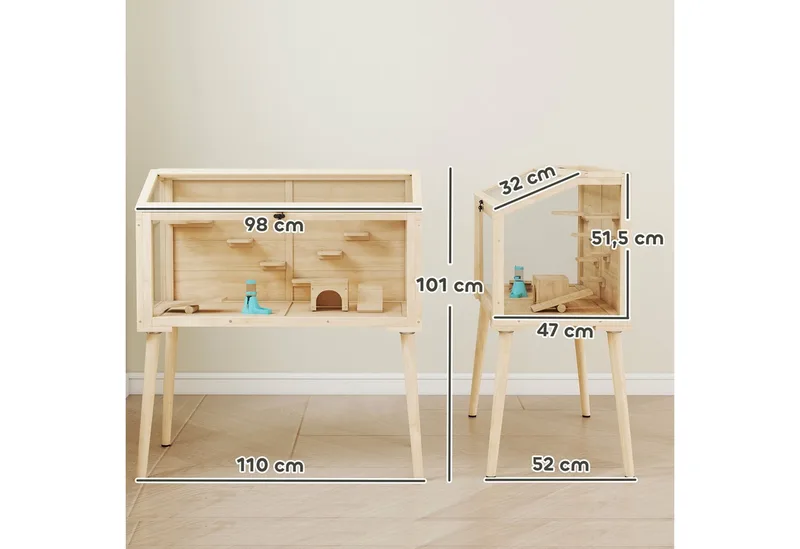 Hamster Cage-Dennenhout, Kunststof-110L x 52B x 101H cm-Natuurhout de PawHut en Natuurhout – photo produit 3 sur 5