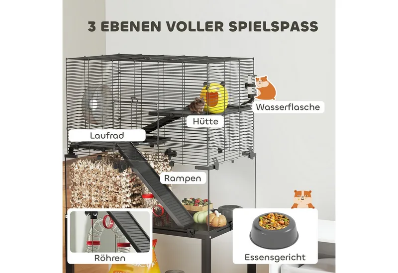 hamster cage - kooi - staal/kunststof - 77x49x130,5 cm de PawHut en Noir – photo produit 4 sur 5