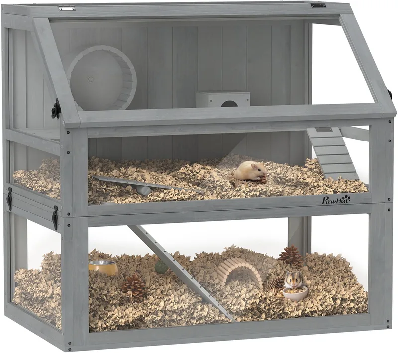 Hamster Cage-Sparrenhout, Acryl-80L x 50B x 76H cm-Lichtgrijs fra PawHut i Lysegrå – produktbillede 1 af 5