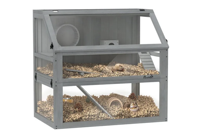 Hamster Cage-Sparrenhout, Acryl-80L x 50B x 76H cm-Lichtgrijs fra PawHut i Lysegrå – produktbillede 2 af 5