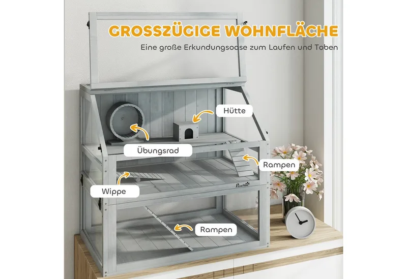 Hamster Cage-Sparrenhout, Acryl-80L x 50B x 76H cm-Lichtgrijs fra PawHut i Lysegrå – produktbillede 4 af 5