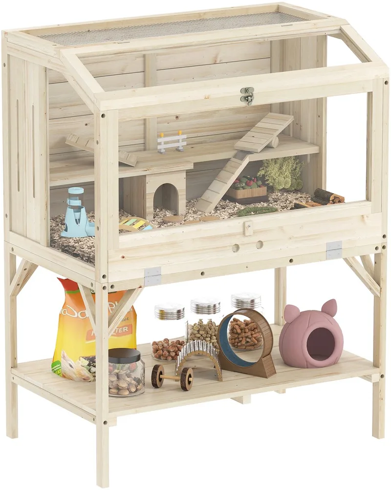 Hamster Cage-Sparrenhout, Kunststof-84L x 53B x 110H cm-Natuurhout von PawHut in Natuurhout – Produktfoto