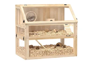 Hamsterkäfig aus Holz 3 Etagen Nagarium Nagerkäfig Kleintierkäfig mit klappbarem Deckel Laufrad und Zubehör, Kleintierstall Holzkäfig Käfig für Hamster Zwerghamster 80 x 50 x 76 cm by PawHut in Naturholz – product photo 2 of 5