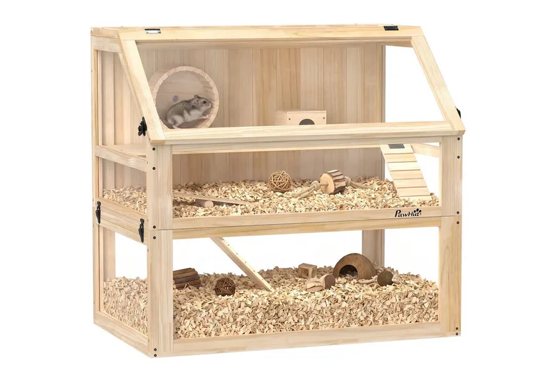 Hamsterkäfig aus Holz 3 Etagen Nagarium Nagerkäfig Kleintierkäfig mit klappbarem Deckel Laufrad und Zubehör, Kleintierstall Holzkäfig Käfig für Hamster Zwerghamster 80 x 50 x 76 cm by PawHut in Naturholz – product photo 2 of 5