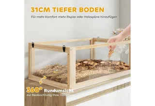Hamsterkäfig aus Holz 3 Etagen Nagarium Nagerkäfig Kleintierkäfig mit klappbarem Deckel Laufrad und Zubehör, Kleintierstall Holzkäfig Käfig für Hamster Zwerghamster 80 x 50 x 76 cm by PawHut in Naturholz – product photo 5 of 5