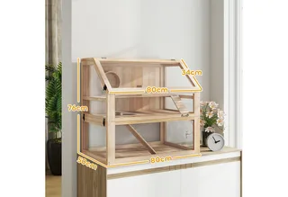 Hamsterkäfig aus Holz 3 Etagen Nagarium Nagerkäfig Kleintierkäfig mit klappbarem Deckel Laufrad und Zubehör, Kleintierstall Holzkäfig Käfig für Hamster Zwerghamster 80 x 50 x 76 cm by PawHut in Naturholz – product photo 3 of 5