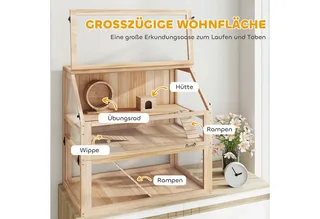 Hamsterkäfig aus Holz 3 Etagen Nagarium Nagerkäfig Kleintierkäfig mit klappbarem Deckel Laufrad und Zubehör, Kleintierstall Holzkäfig Käfig für Hamster Zwerghamster 80 x 50 x 76 cm by PawHut in Naturholz – product photo 4 of 5