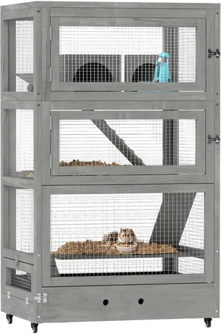 Hamsterkäfig aus Holz, 65 x 45 x 109 cm Mäusekäfig Nagerkäfig mit Hütten, Wippe, Palette, Futterschalen, 4-Stufig Kleintierkäfig mit Schloss, Rampen, Rollen, für Zwerghamster de PawHut en Gris – photo produit 1 sur 5