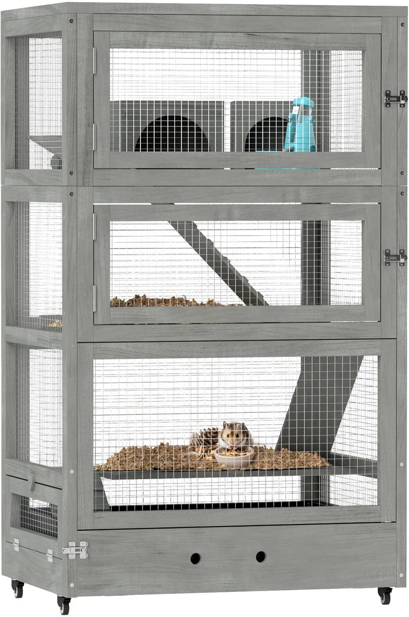 Hamsterkäfig aus Holz, 65 x 45 x 109 cm Mäusekäfig Nagerkäfig mit Hütten, Wippe, Palette, Futterschalen, 4-Stufig Kleintierkäfig mit Schloss, Rampen, Rollen, für Zwerghamster de PawHut en Gris – photo produit 1 sur 5