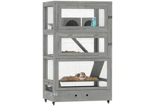 Hamsterkäfig aus Holz, 65 x 45 x 109 cm Mäusekäfig Nagerkäfig mit Hütten, Wippe, Palette, Futterschalen, 4-Stufig Kleintierkäfig mit Schloss, Rampen, Rollen, für Zwerghamster de PawHut en Gris – photo produit 2 sur 5