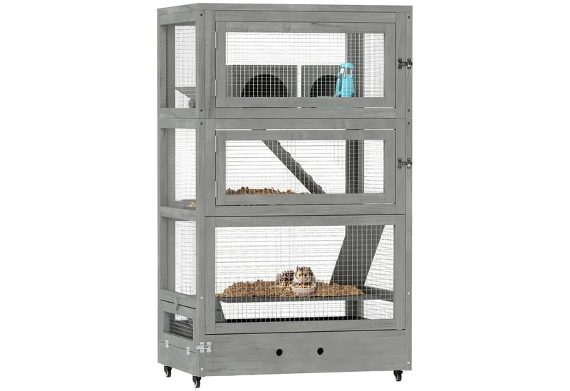 Hamsterkäfig aus Holz, 65 x 45 x 109 cm Mäusekäfig Nagerkäfig mit Hütten, Wippe, Palette, Futterschalen, 4-Stufig Kleintierkäfig mit Schloss, Rampen, Rollen, für Zwerghamster de PawHut en Gris – photo produit 2 sur 5