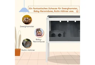 Hamsterkäfig aus Holz für Zwerghamster Nagerkäfig Kleintierkäfig mit 2 Hütten und Zubehör, groß Mäusekäfig Käfig 82 x 45 x 81 cm Grau de PawHut en Gris foncé – photo produit 4 sur 5