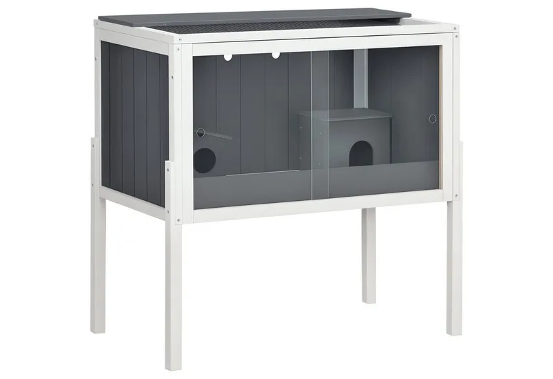 Hamsterkäfig aus Holz für Zwerghamster Nagerkäfig Kleintierkäfig mit 2 Hütten und Zubehör, groß Mäusekäfig Käfig 82 x 45 x 81 cm Grau de PawHut en Gris foncé – photo produit 2 sur 5