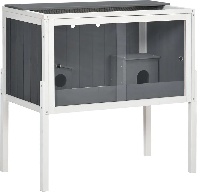 Hamsterkäfig aus Holz für Zwerghamster Nagerkäfig Kleintierkäfig mit 2 Hütten und Zubehör, groß Mäusekäfig Käfig 82 x 45 x 81 cm Grau de PawHut en Gris foncé – photo produit 1 sur 5