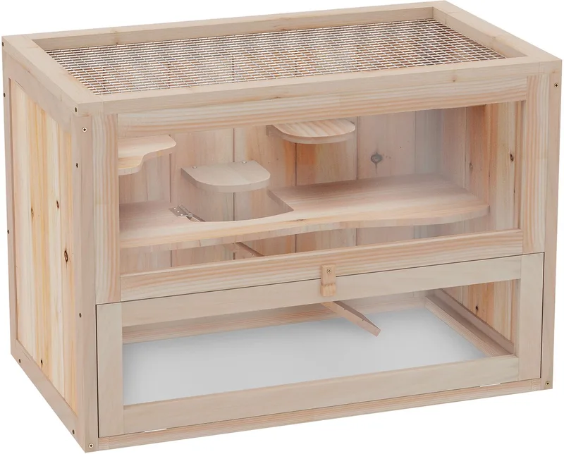 Hamsterkäfig aus Holz für Zwerghamster Nagerkäfig Kleintierkäfig mit Gitterdach und Rampe, Nagarium Käfig 60 x 35 x 42 cm by PawHut in Naturholz – product photo