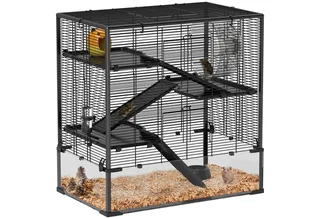 Hamsterkäfig für Zwerghamster, 4-stufiges Nagerkäfig mit Glasboden, Hütte, Laufrad, Rampen, Futterschale, Kleintierkäfig Zwerghamsterkäfig 78,5 x 48,5 x 80 cm von PawHut in Schwarz – Produktfoto 2 von 5