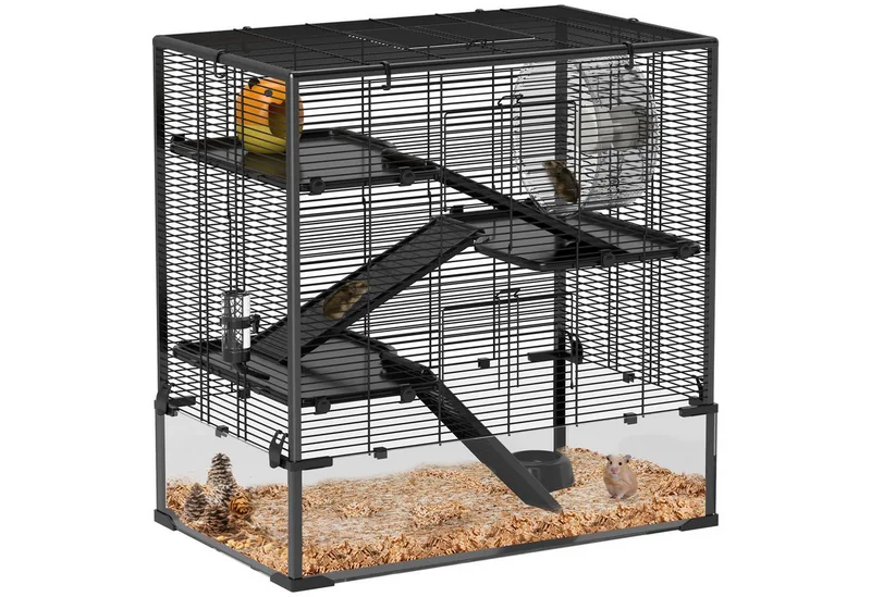 Hamsterkäfig für Zwerghamster, 4-stufiges Nagerkäfig mit Glasboden, Hütte, Laufrad, Rampen, Futterschale, Kleintierkäfig Zwerghamsterkäfig 78,5 x 48,5 x 80 cm von PawHut in Schwarz – Produktfoto 2 von 5