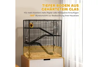 Hamsterkäfig für Zwerghamster, 4-stufiges Nagerkäfig mit Glasboden, Hütte, Laufrad, Rampen, Futterschale, Kleintierkäfig Zwerghamsterkäfig 78,5 x 48,5 x 80 cm von PawHut in Schwarz – Produktfoto 4 von 5