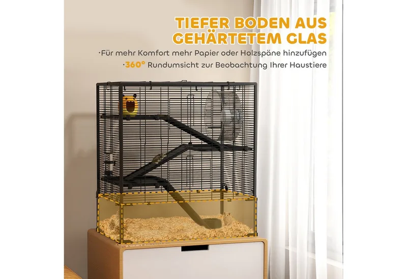 Hamsterkäfig für Zwerghamster, 4-stufiges Nagerkäfig mit Glasboden, Hütte, Laufrad, Rampen, Futterschale, Kleintierkäfig Zwerghamsterkäfig 78,5 x 48,5 x 80 cm von PawHut in Schwarz – Produktfoto 4 von 5