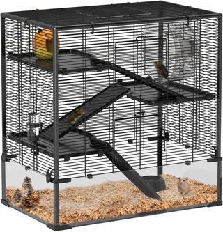 Hamsterkäfig für Zwerghamster, 4-stufiges Nagerkäfig mit Glasboden, Hütte, Laufrad, Rampen, Futterschale, Kleintierkäfig Zwerghamsterkäfig 78,5 x 48,5 x 80 cm von PawHut in Schwarz – Produktfoto 1 von 5