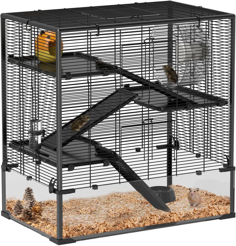 Hamsterkäfig für Zwerghamster, 4-stufiges Nagerkäfig mit Glasboden, Hütte, Laufrad, Rampen, Futterschale, Kleintierkäfig Zwerghamsterkäfig 78,5 x 48,5 x 80 cm von PawHut in Schwarz – Produktfoto 1 von 5