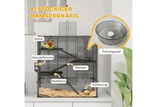 Hamsterkäfig für Zwerghamster, 4-stufiges Nagerkäfig mit Glasboden, Hütte, Laufrad, Rampen, Futterschale, Kleintierkäfig Zwerghamsterkäfig 78,5 x 48,5 x 80 cm von PawHut in Schwarz – Produktfoto 5 von 5
