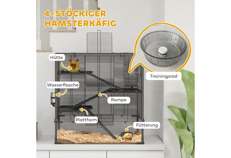 Hamsterkäfig für Zwerghamster, 4-stufiges Nagerkäfig mit Glasboden, Hütte, Laufrad, Rampen, Futterschale, Kleintierkäfig Zwerghamsterkäfig 78,5 x 48,5 x 80 cm von PawHut in Schwarz – Produktfoto 5 von 5